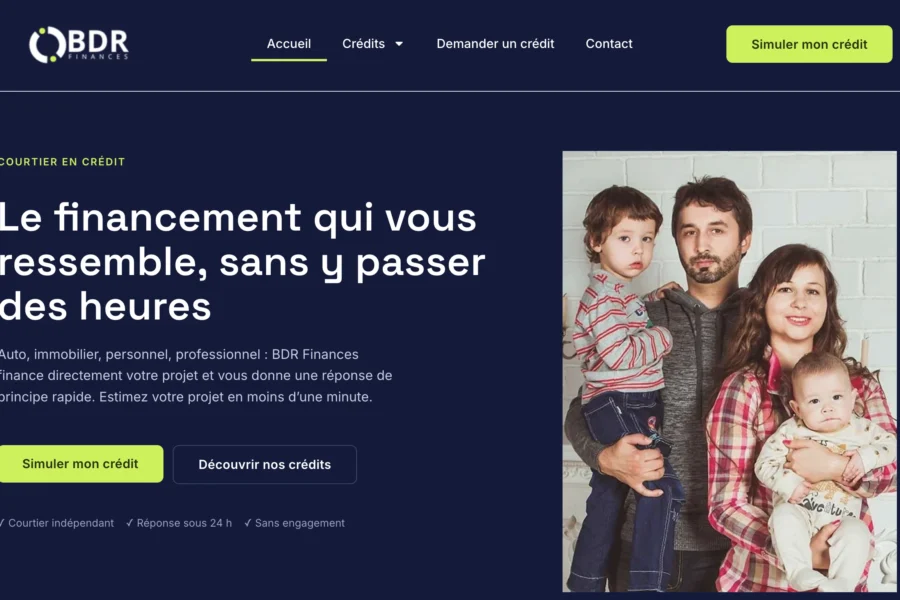 Page web de BDR Financeur présentant une photographie d'une famille avec un bouton d'action vert fluo.