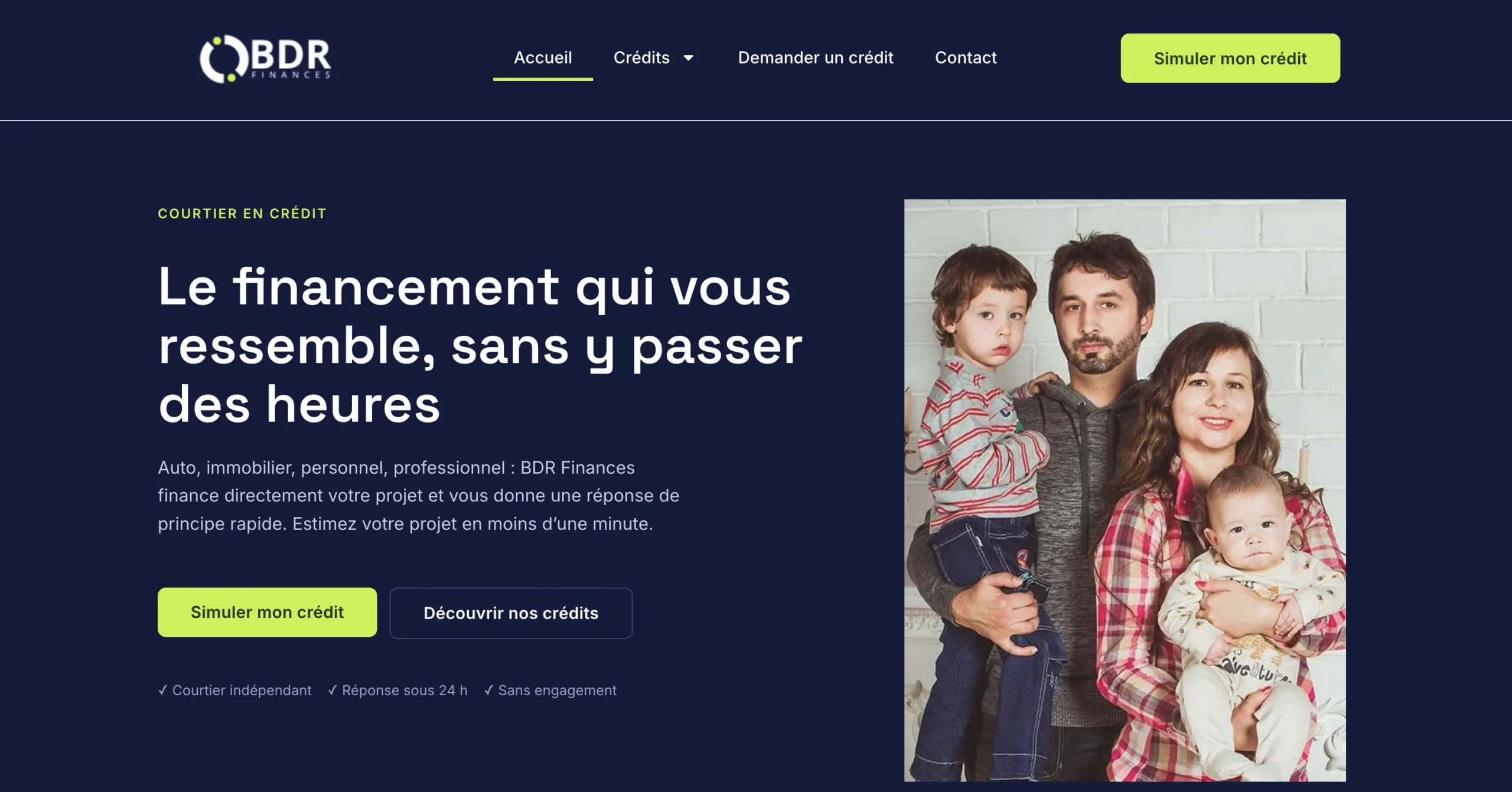 Page web de BDR Financeur présentant une photographie d'une famille avec un bouton d'action vert fluo.