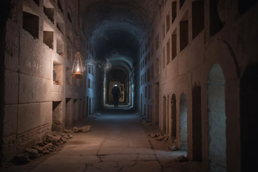 Voûte de pierre éclairée par une source de lumière diffuse dans une galerie obscure et ancienne.