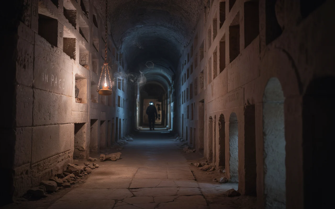 Voûte de pierre éclairée par une source de lumière diffuse dans une galerie obscure et ancienne.