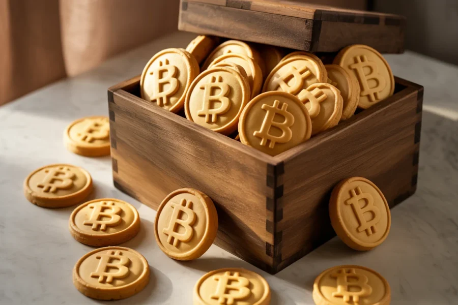 Des monnaies d'or physiques Bitcoin (BTC) déversées dans des boîtes en bois et sur une table en marbre. Représentation visuelle de l'accumulation de crypto-actifs.