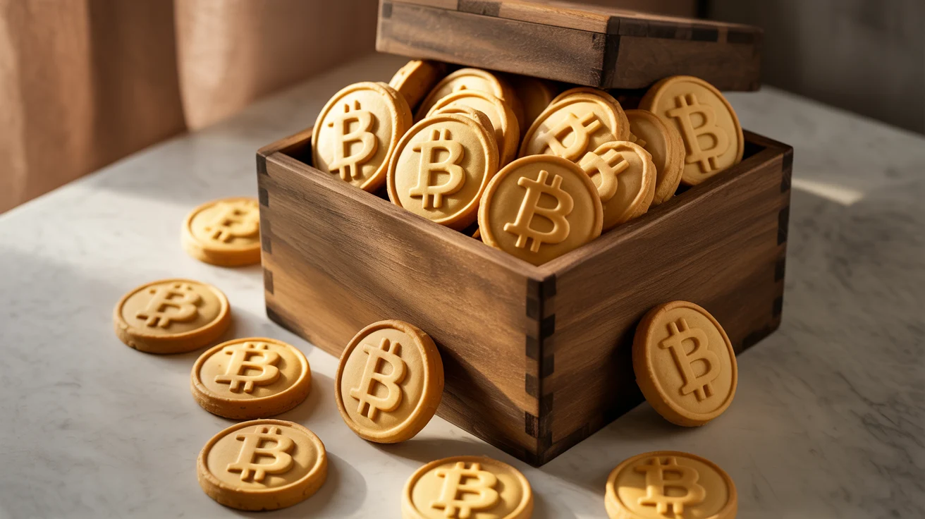 Des monnaies d'or physiques Bitcoin (BTC) déversées dans des boîtes en bois et sur une table en marbre. Représentation visuelle de l'accumulation de crypto-actifs.