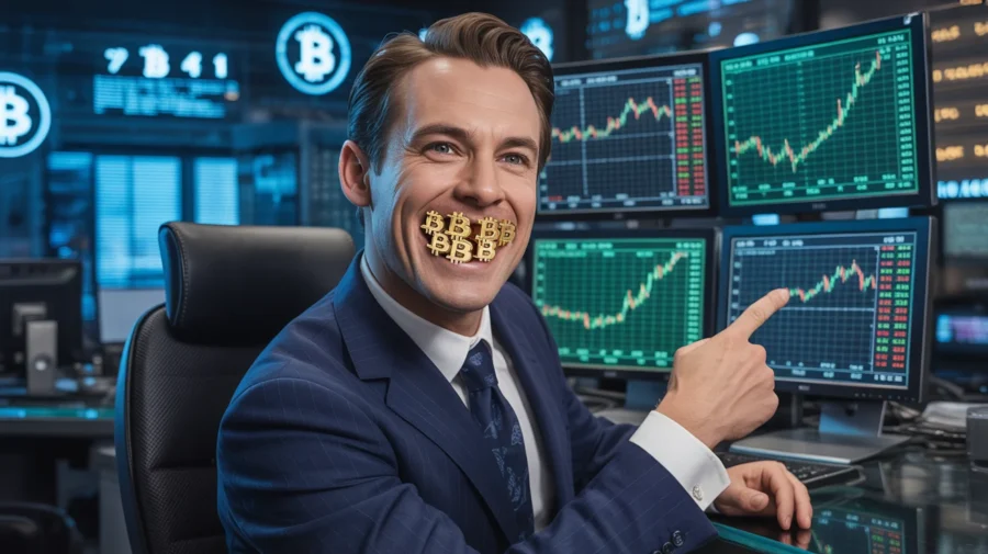 Un homme en costume assis devant plusieurs écrans montrant des courbes de marché en progression, avec le logo Bitcoin en arrière-plan.