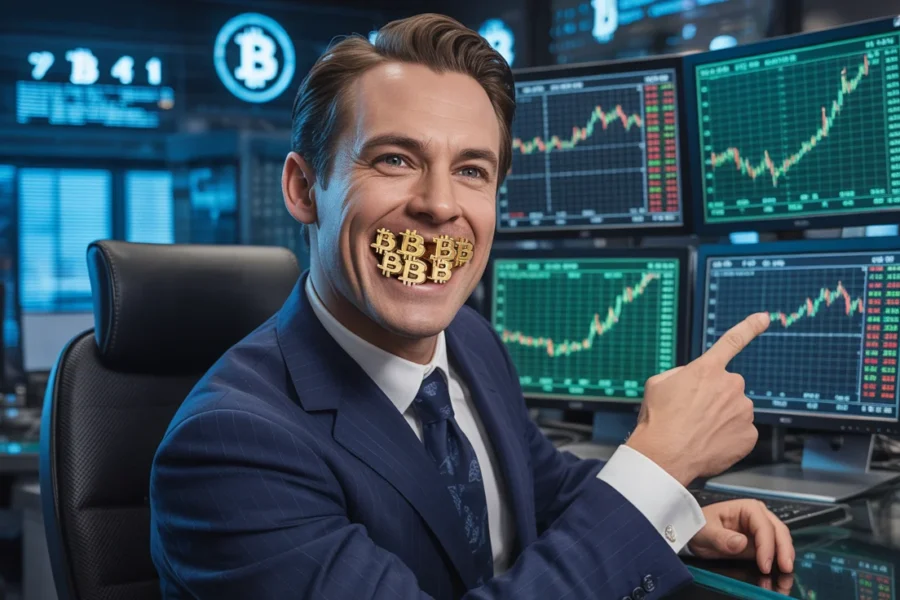 Un homme en costume assis devant plusieurs écrans montrant des courbes de marché en progression, avec le logo Bitcoin en arrière-plan.