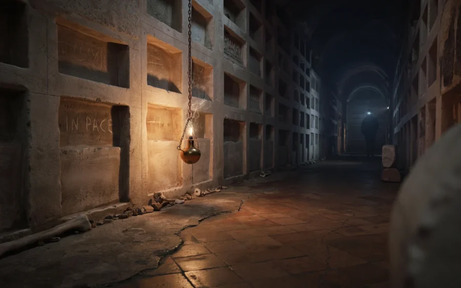 Vue nocturne d'un passage sombres délimité par des immeubles vétustes avec fenêtres vides.