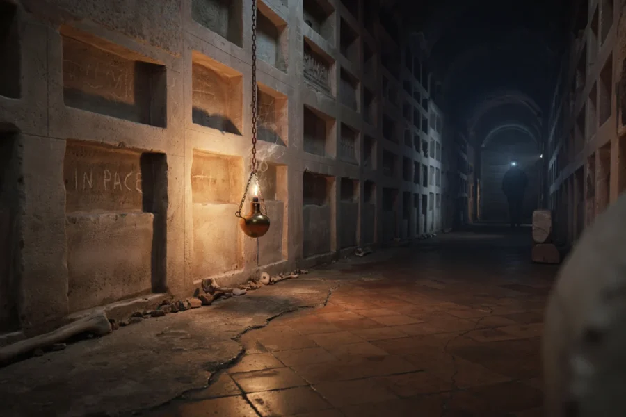 Vue nocturne d'un passage sombres délimité par des immeubles vétustes avec fenêtres vides.