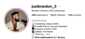 Capture du profil Instagram de justbrandon_3, spécialisé en entrepreneuriat et UGC, affichant sa bio et sa photo de profil.