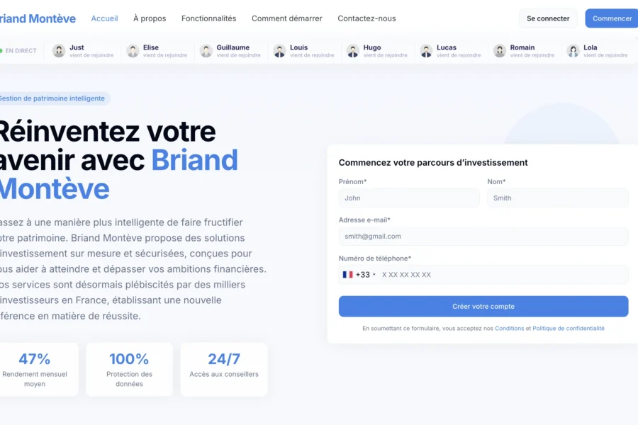 Capture d'écran d'un site web proposant des services financiers sous le nom de Briand Montève.