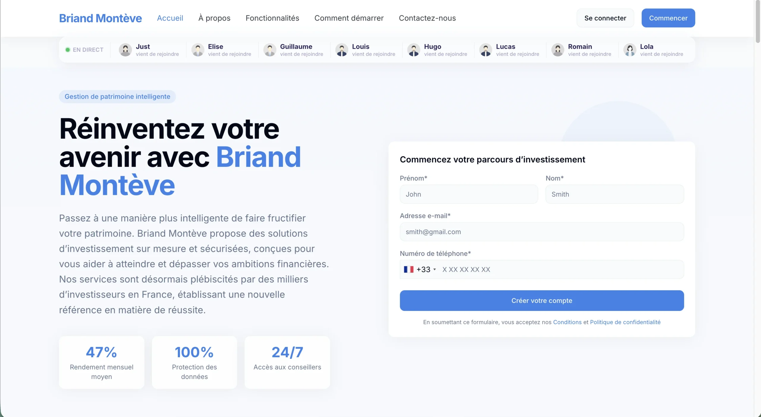Capture d'écran d'un site web proposant des services financiers sous le nom de Briand Montève.