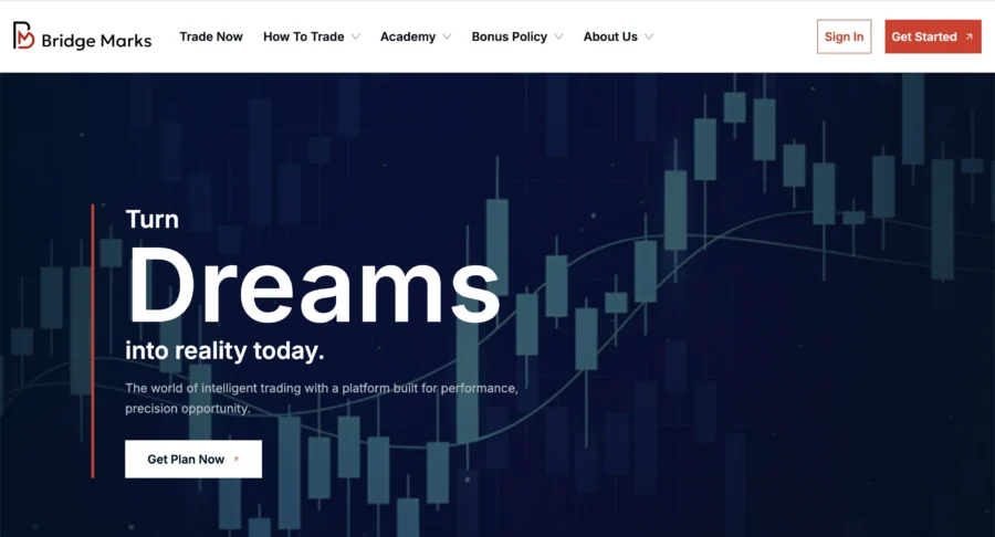 Interface de la plateforme Bridge Marks avec slogan Dreams et boutons d'action