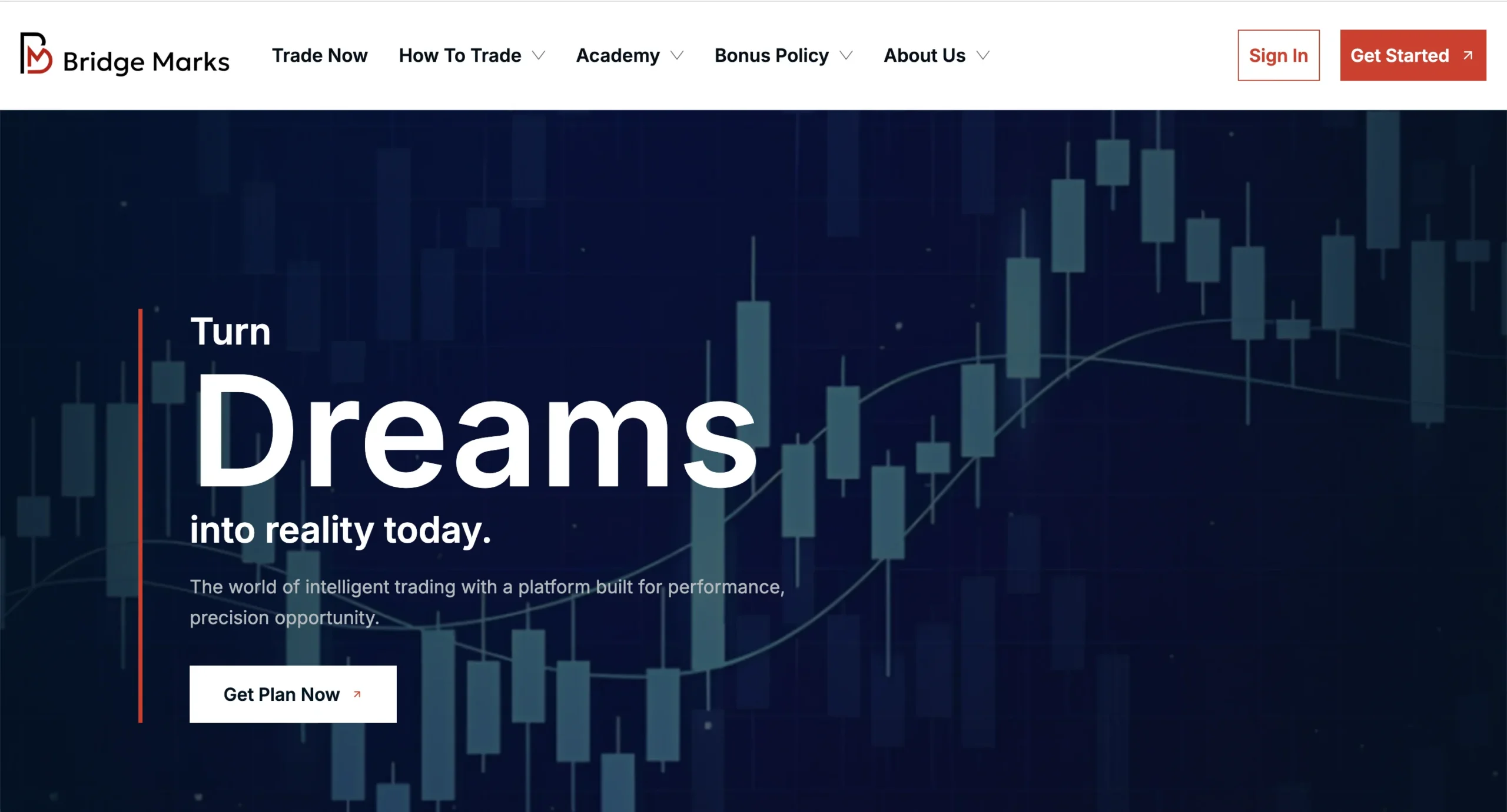 Interface de la plateforme Bridge Marks avec slogan Dreams et boutons d'action