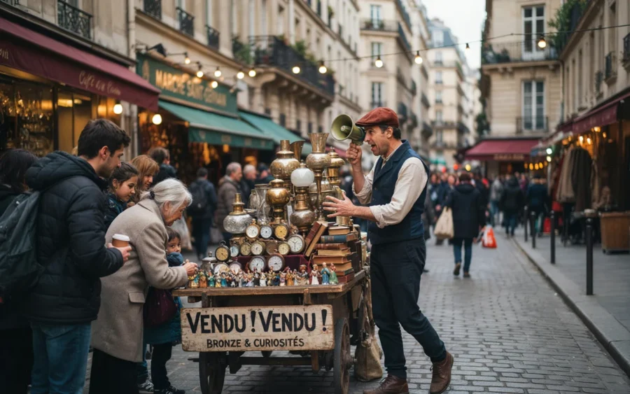 Un vendeur ambulante vêtue d'une casquette et d'un gilet noir annonce des objets sur une rue pavée bordée de boutiques et de passants.