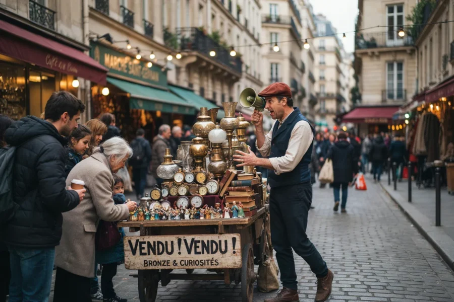 Un vendeur ambulante vêtue d'une casquette et d'un gilet noir annonce des objets sur une rue pavée bordée de boutiques et de passants.