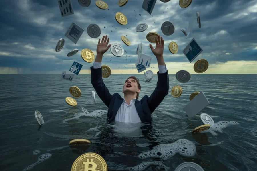 Homme en costume noyé dans l'océan entouré de pièces de bitcoin et de graphiques boursiers tombant du ciel.