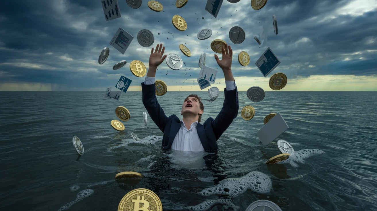 Homme en costume noyé dans l'océan entouré de pièces de bitcoin et de graphiques boursiers tombant du ciel.