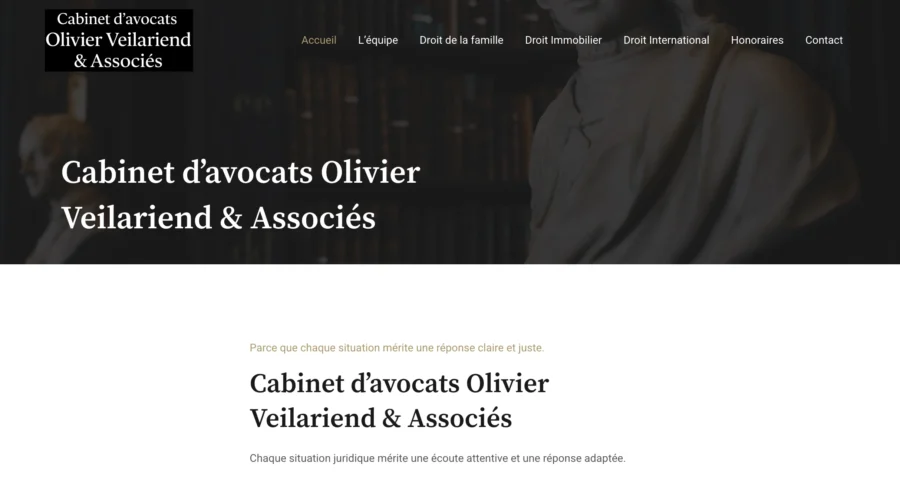 Coupe d'écran du site web du cabinet d'avocats Olivier Veilariend et Associés affichant le nom de la société en lettres blanches sur un fond sombre ainsi que le menu de navigation.
