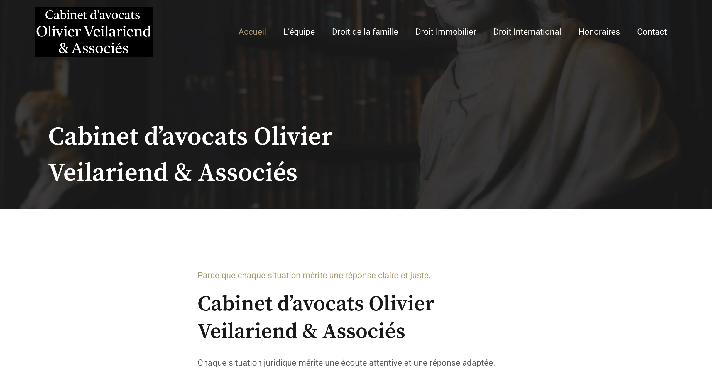 Coupe d'écran du site web du cabinet d'avocats Olivier Veilariend et Associés affichant le nom de la société en lettres blanches sur un fond sombre ainsi que le menu de navigation.