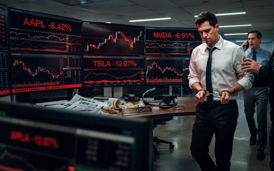 Des traders stressés observent d'importantes baisses boursières en rouge sur des écrans professionnels.