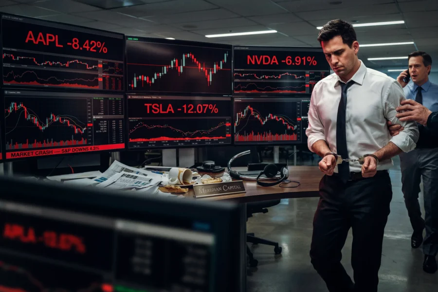 Des traders stressés observent d'importantes baisses boursières en rouge sur des écrans professionnels.