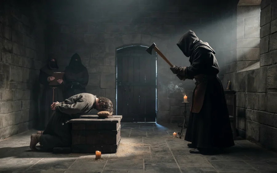 Personne ligotée à une table dans un sous-sol en pierre face à une silhouette encapuchonnée tenant une hache.