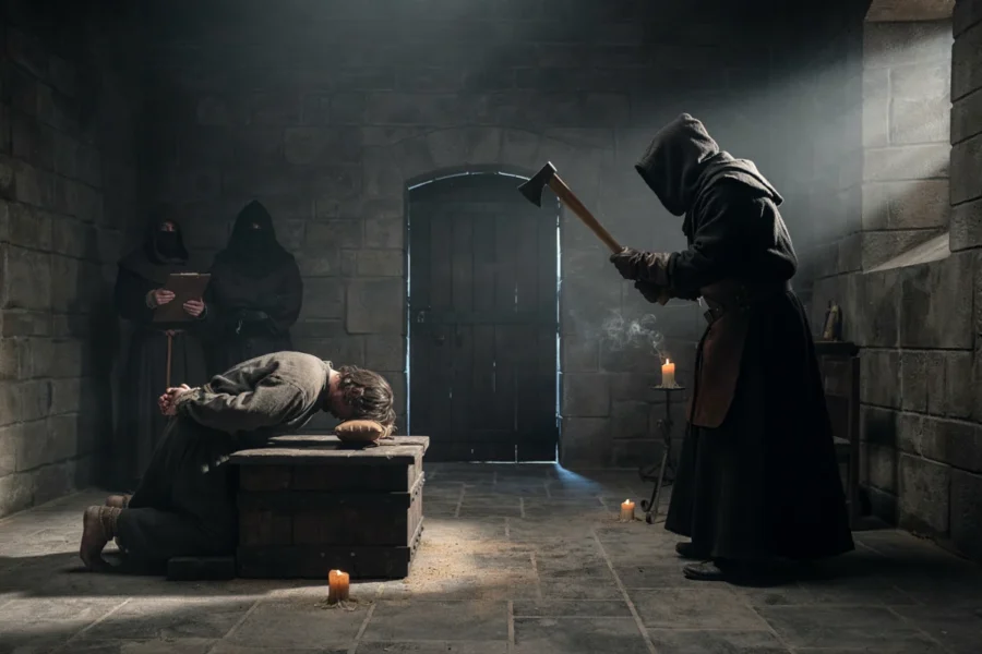 Personne ligotée à une table dans un sous-sol en pierre face à une silhouette encapuchonnée tenant une hache.