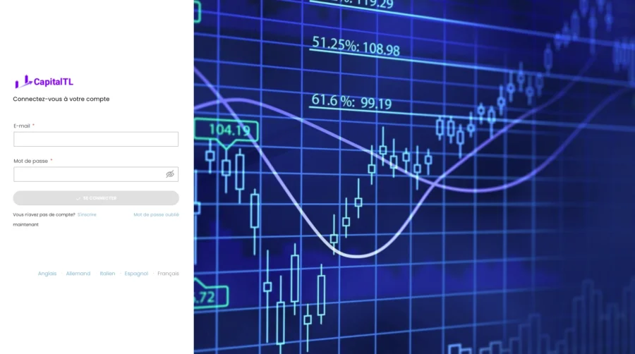 Formulaire web CapitalTrs positionné à gauche et graphique de chandelier financier stylisé sur fond bleu numérique à droite.