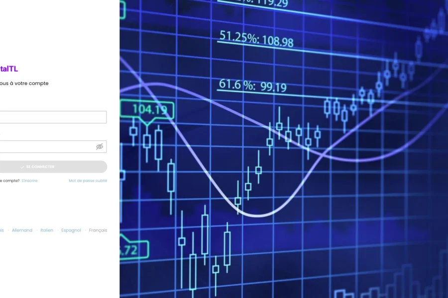 Formulaire web CapitalTrs positionné à gauche et graphique de chandelier financier stylisé sur fond bleu numérique à droite.