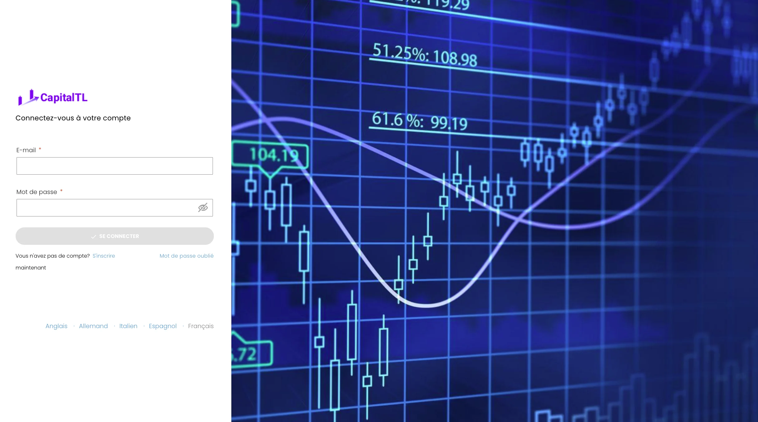 Formulaire web CapitalTrs positionné à gauche et graphique de chandelier financier stylisé sur fond bleu numérique à droite.