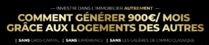 Bannière publicitaire vantant un revenu immobilier mensuel de 900 euros sans capital.