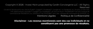 Pied de page d'un site web affichant les mentions légales et un avertissement sur les revenus.