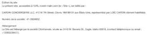 Capture d'écran des mentions légales indiquant l'éditeur Cardin Conciergerie LLC et l'hébergeur Clickfunnels de l'url invest-main.com.