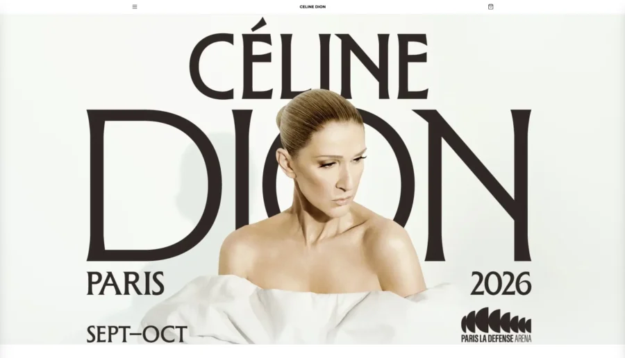 Affiche promotionnelle pour Les concerts de Celion Dion à Paris en 2026, avec le visage de l'artiste au premier plan.