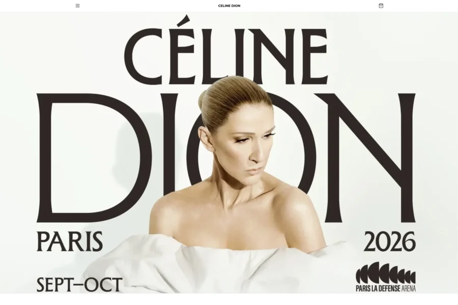 Affiche promotionnelle pour Les concerts de Celion Dion à Paris en 2026, avec le visage de l'artiste au premier plan.
