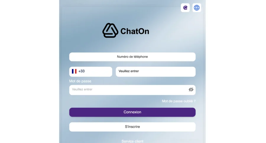Formulaire d'identification avec logo ChatOn, drapeau français et bouton violet
