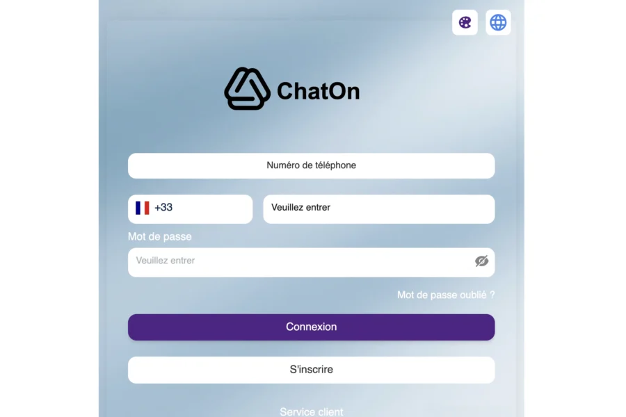 Formulaire d'identification avec logo ChatOn, drapeau français et bouton violet