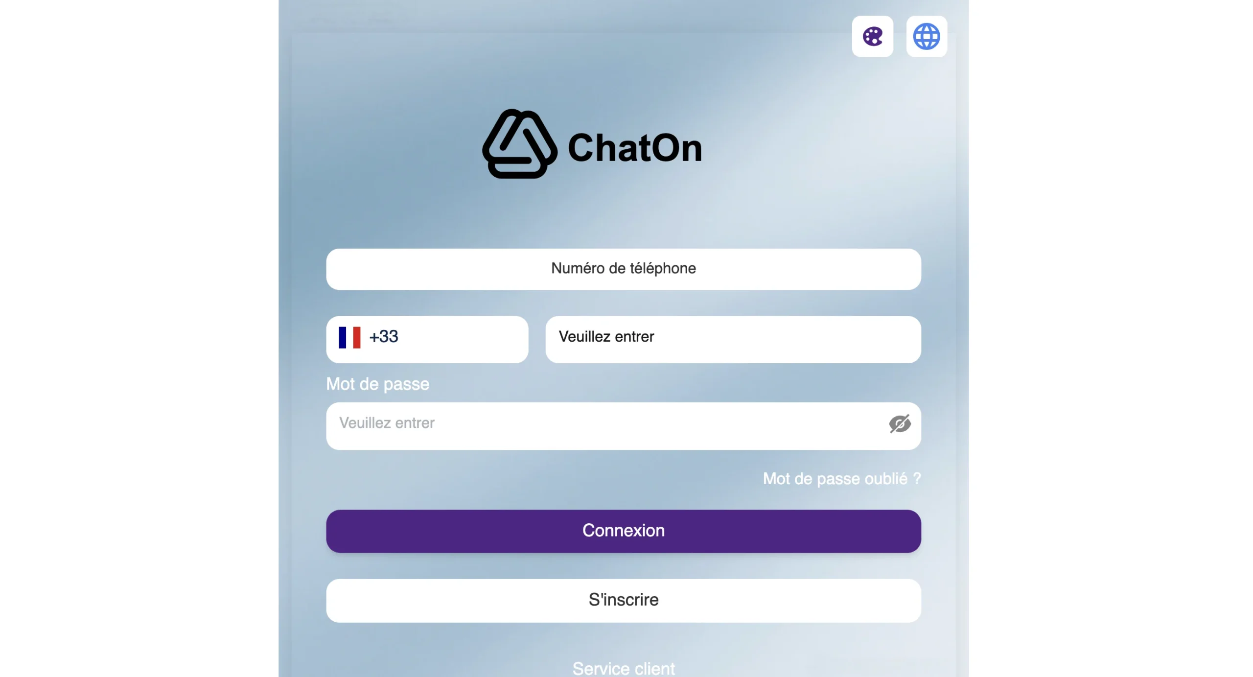 Formulaire d'identification avec logo ChatOn, drapeau français et bouton violet