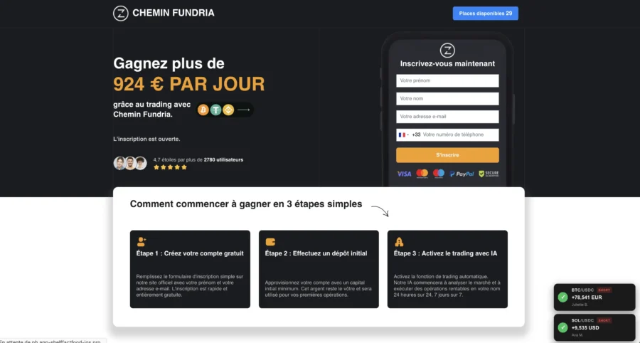 Page d'inscription de la plateforme Chiminn Fundra promettant des gains quotidiens en trading.