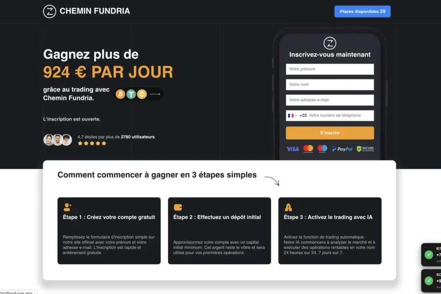Page d'inscription de la plateforme Chiminn Fundra promettant des gains quotidiens en trading.