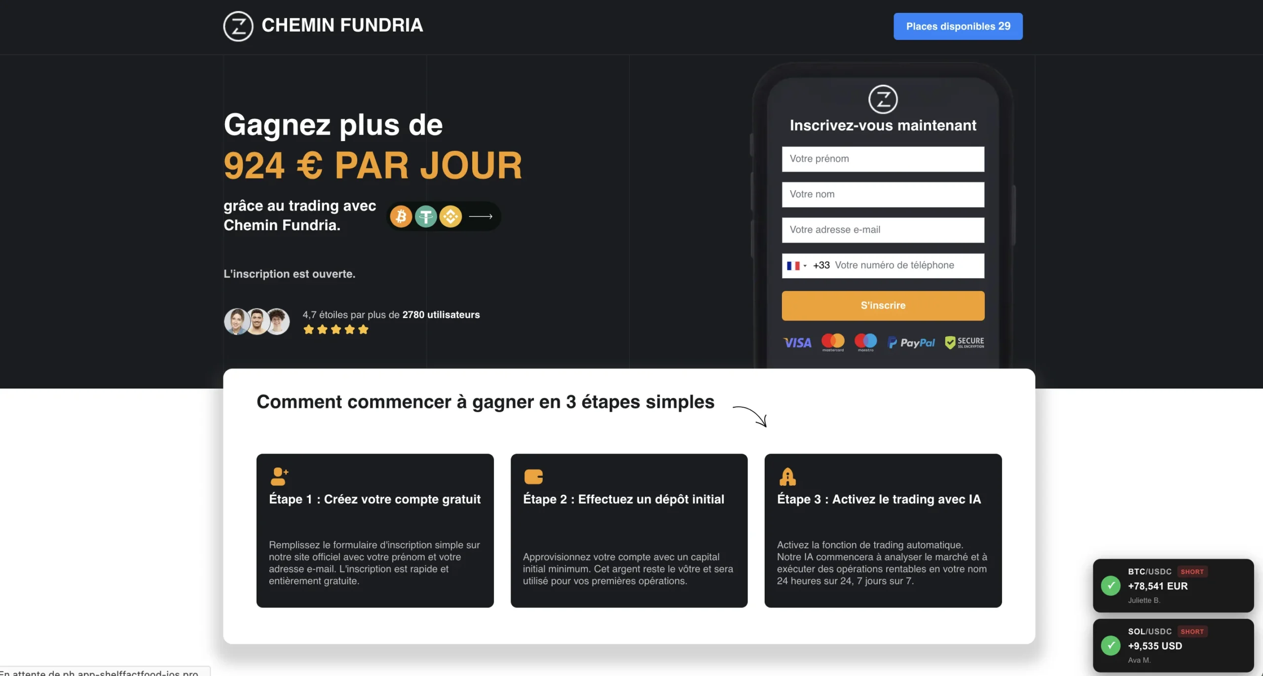 Page d'inscription de la plateforme Chiminn Fundra promettant des gains quotidiens en trading.