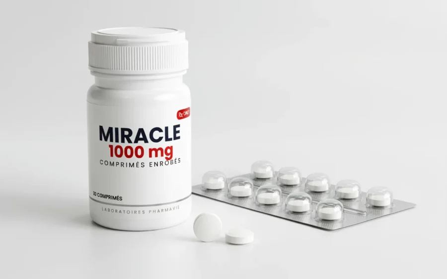 Bouteille blanche étiquetée Miracle 1000 mg accompagnée d'un emballage aluminium de comprimés ou pilules. Deux pilules blanches sont posées à côté de la bouteille sur une surface claire.