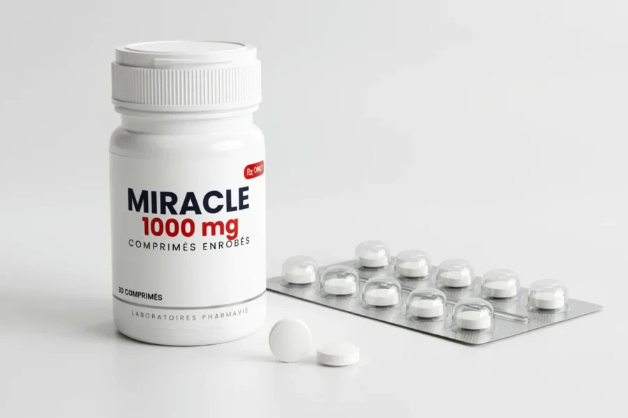 Bouteille blanche étiquetée Miracle 1000 mg accompagnée d'un emballage aluminium de comprimés ou pilules. Deux pilules blanches sont posées à côté de la bouteille sur une surface claire.