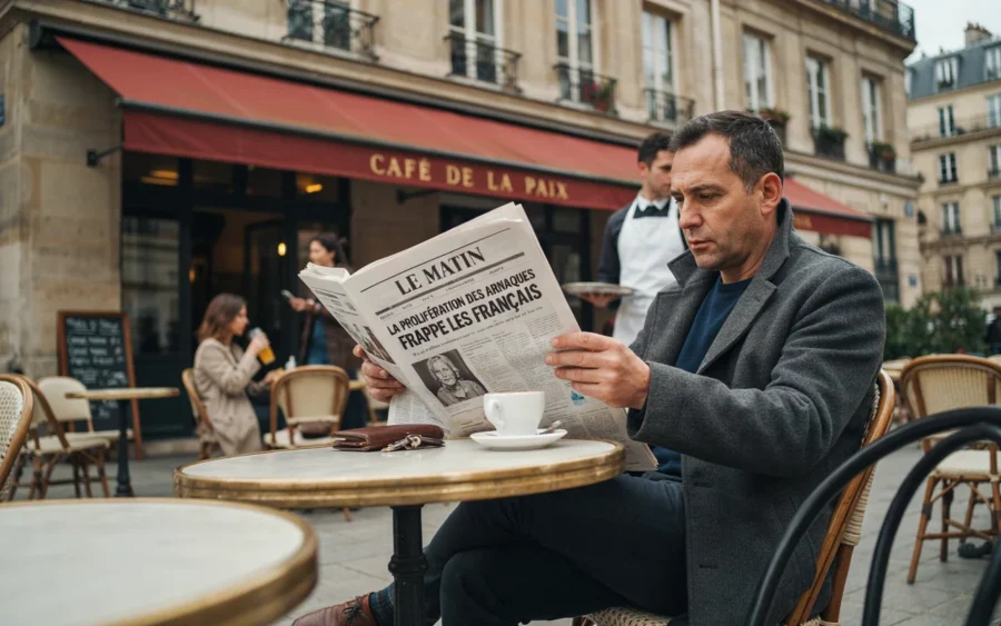 Un homme au café lit le journal Le Matin. Un serveur en tablier blanc passe derrière lui.