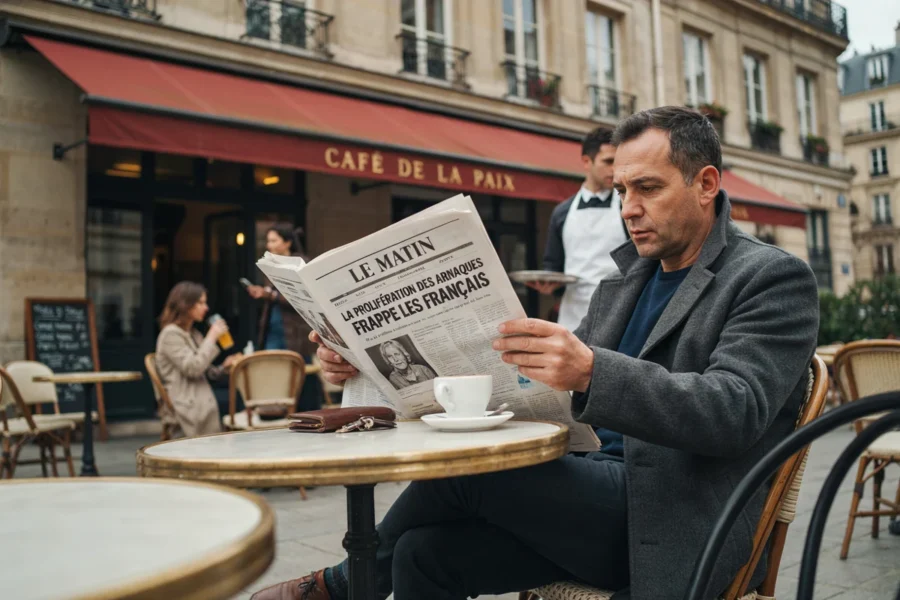 Un homme au café lit le journal Le Matin. Un serveur en tablier blanc passe derrière lui.