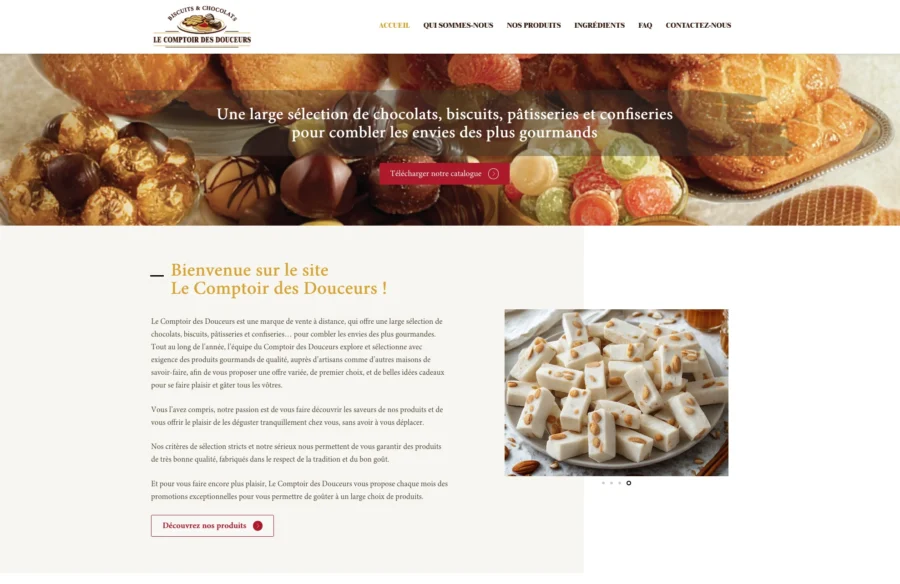 Capture d'interface web du site Le Comptoir des Douceurs affichant une bannière de viennoiseries et du texte de présentation.