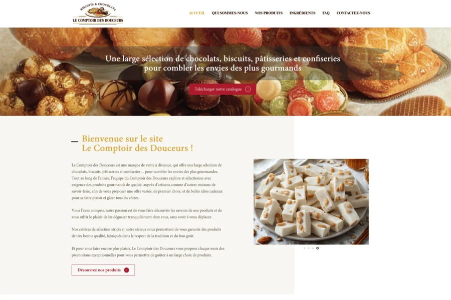 Capture d'interface web du site Le Comptoir des Douceurs affichant une bannière de viennoiseries et du texte de présentation.