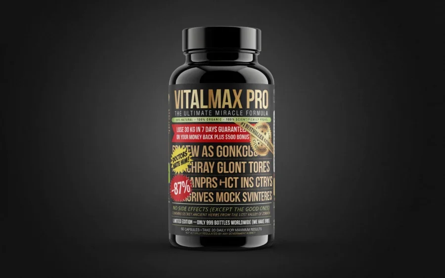 Bocal en verre noir de la marque Vitalmax Pro sur fond sombre, présentant un étiquetage clair et un pourcentage de réduction.