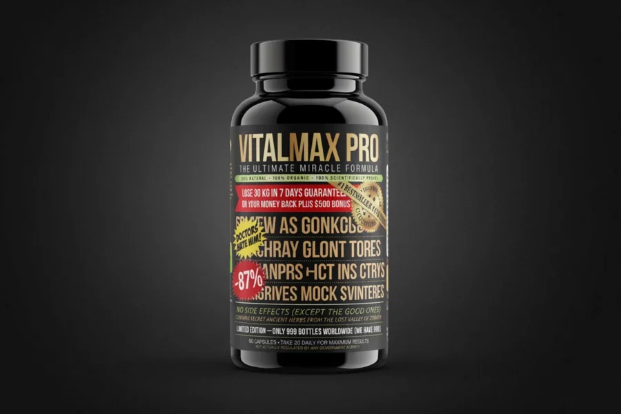 Bocal en verre noir de la marque Vitalmax Pro sur fond sombre, présentant un étiquetage clair et un pourcentage de réduction.
