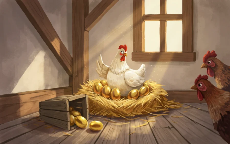 Poulet blanc pondant des œufs dorés dans un poulailler en bois. Deux autres poules observent la scène. Des œufs d'or remplissent l'auge et le sol en bois.