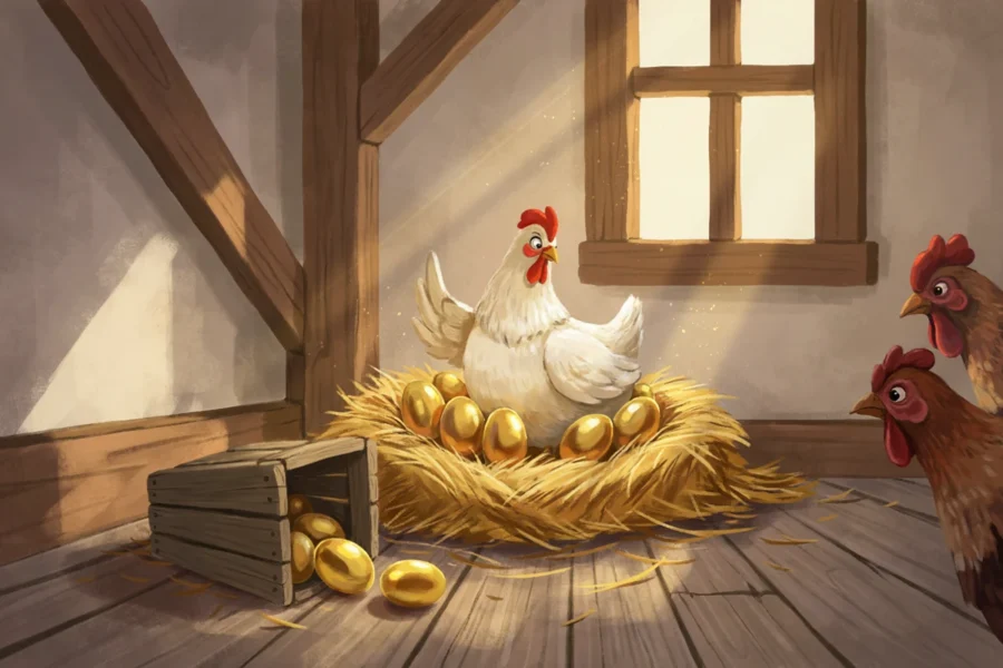 Poulet blanc pondant des œufs dorés dans un poulailler en bois. Deux autres poules observent la scène. Des œufs d'or remplissent l'auge et le sol en bois.