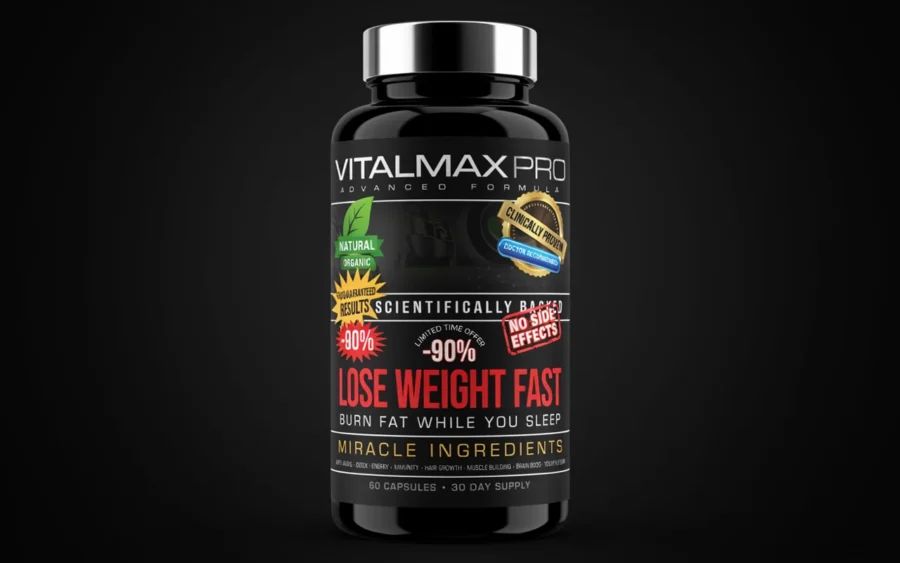 Photo d'un flacon noir de VitalMax Pro affichant les mentions Lose Weight Fast et Miracle Ingredient.